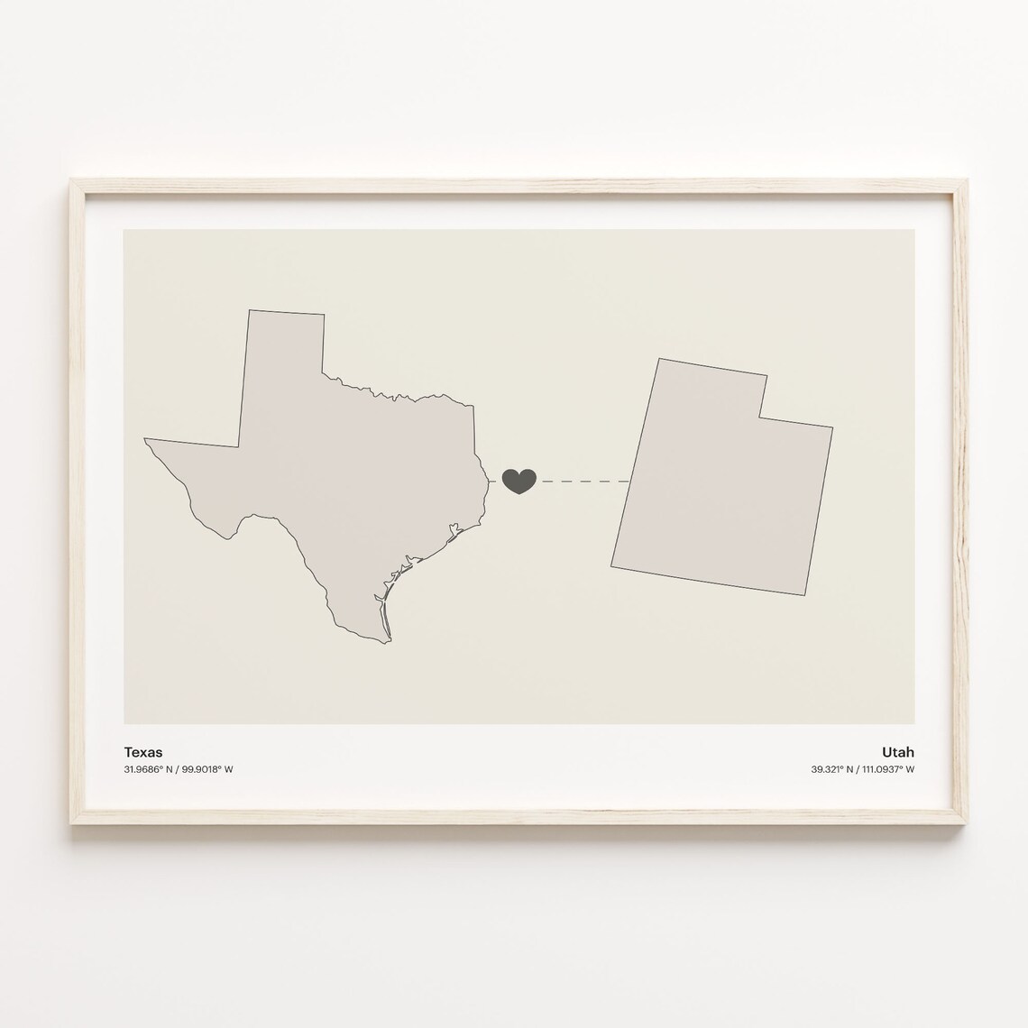 Texas To Utah Minimalist Heart Map Long Distance Love Poster