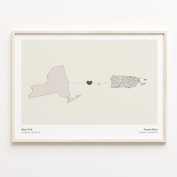 New York to Puerto Rico Connection Map Poster Heart Between Places