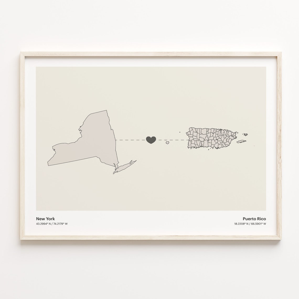 New York to Puerto Rico Connection Map Poster Heart Between Places