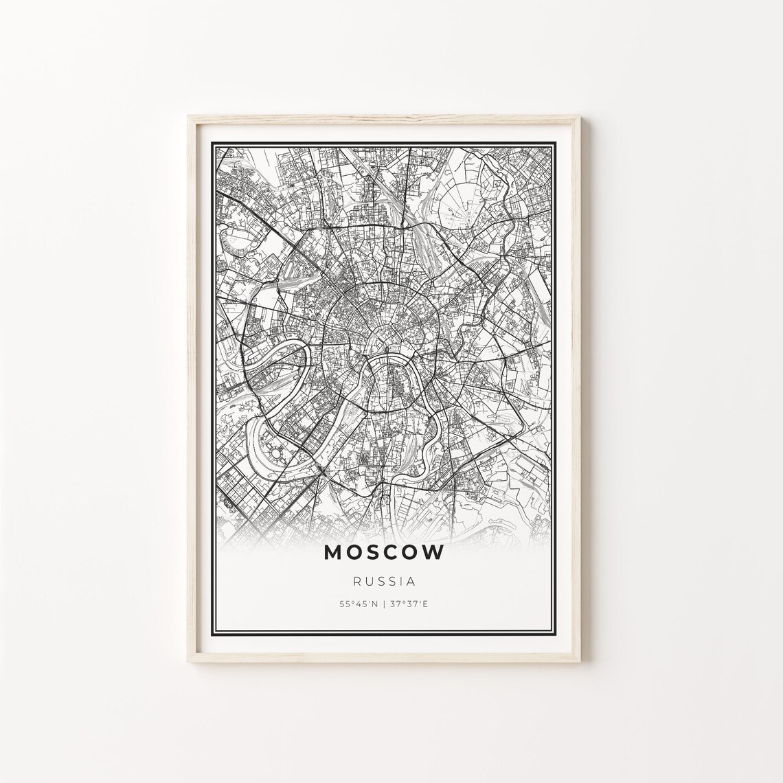 Moscow Russia Black And White Modern City Street Map Art Poster