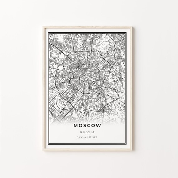 Moscow Russia Black And White Modern City Street Map Art Poster