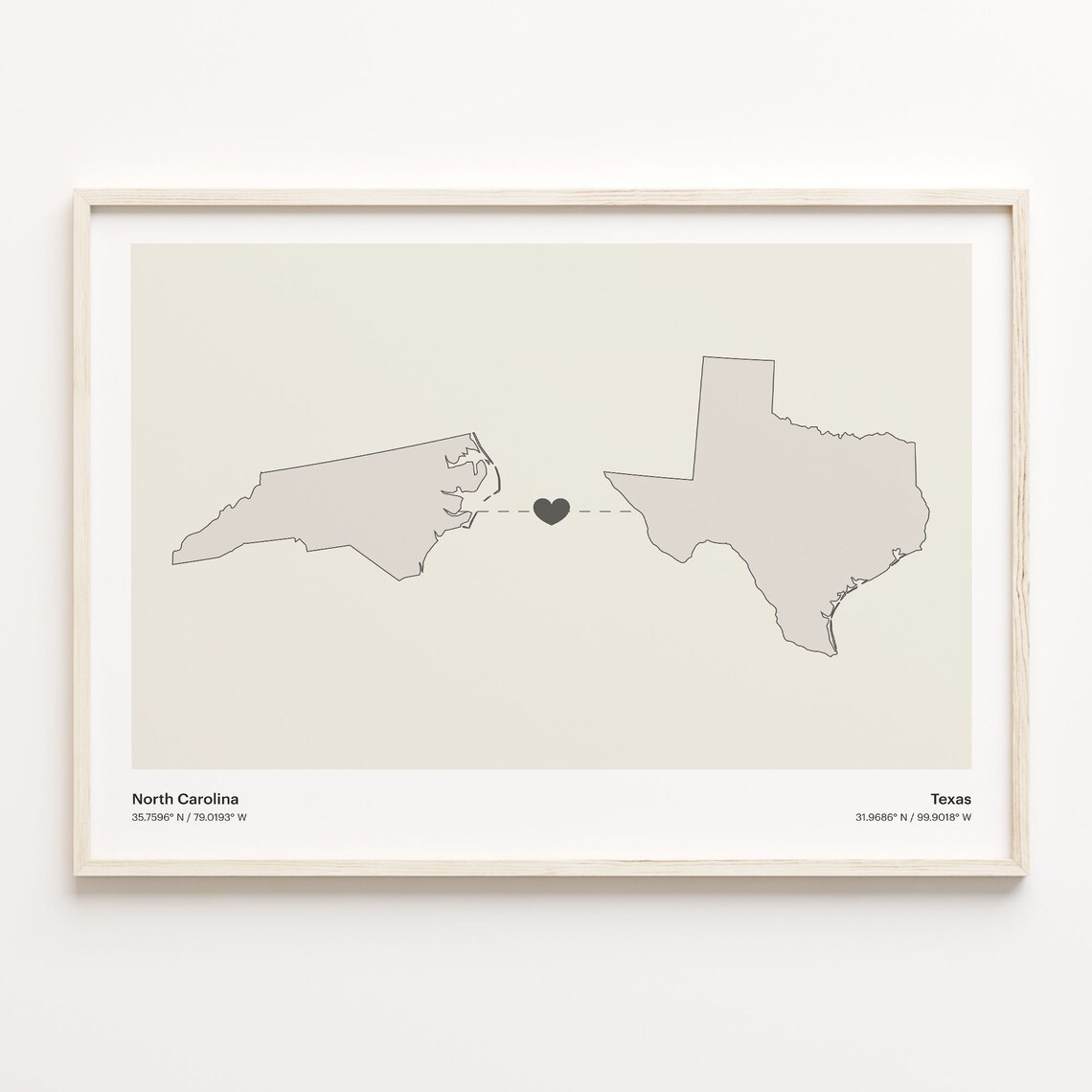North Carolina to Texas Heart Connection Map Minimalist Poster