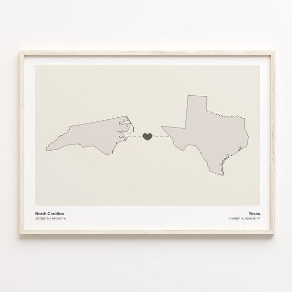 North Carolina to Texas Heart Connection Map Minimalist Poster