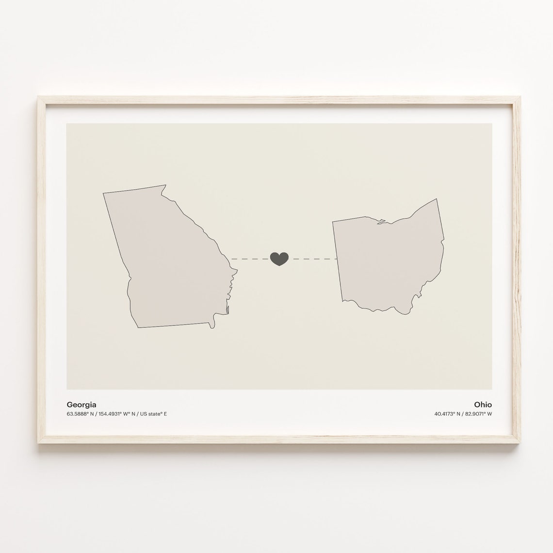 Georgia To Ohio Minimalist Heart State Map Love Connection Print