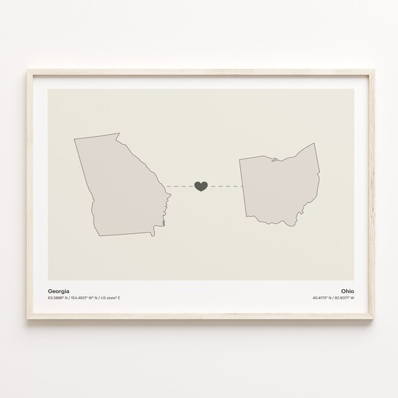 Georgia To Ohio Minimalist Heart State Map Love Connection Print