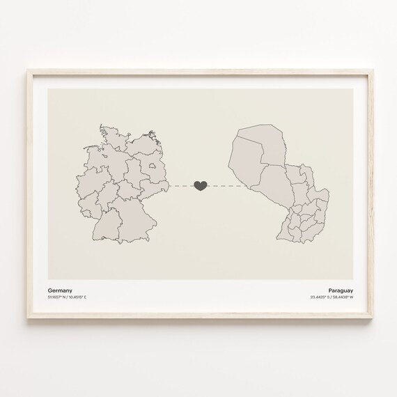 Germany To Paraguay Long Distance Love Minimalist Map Art Poster