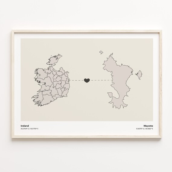 Ireland Mayotte Minimalist Long Distance Love Heart Map Poster
