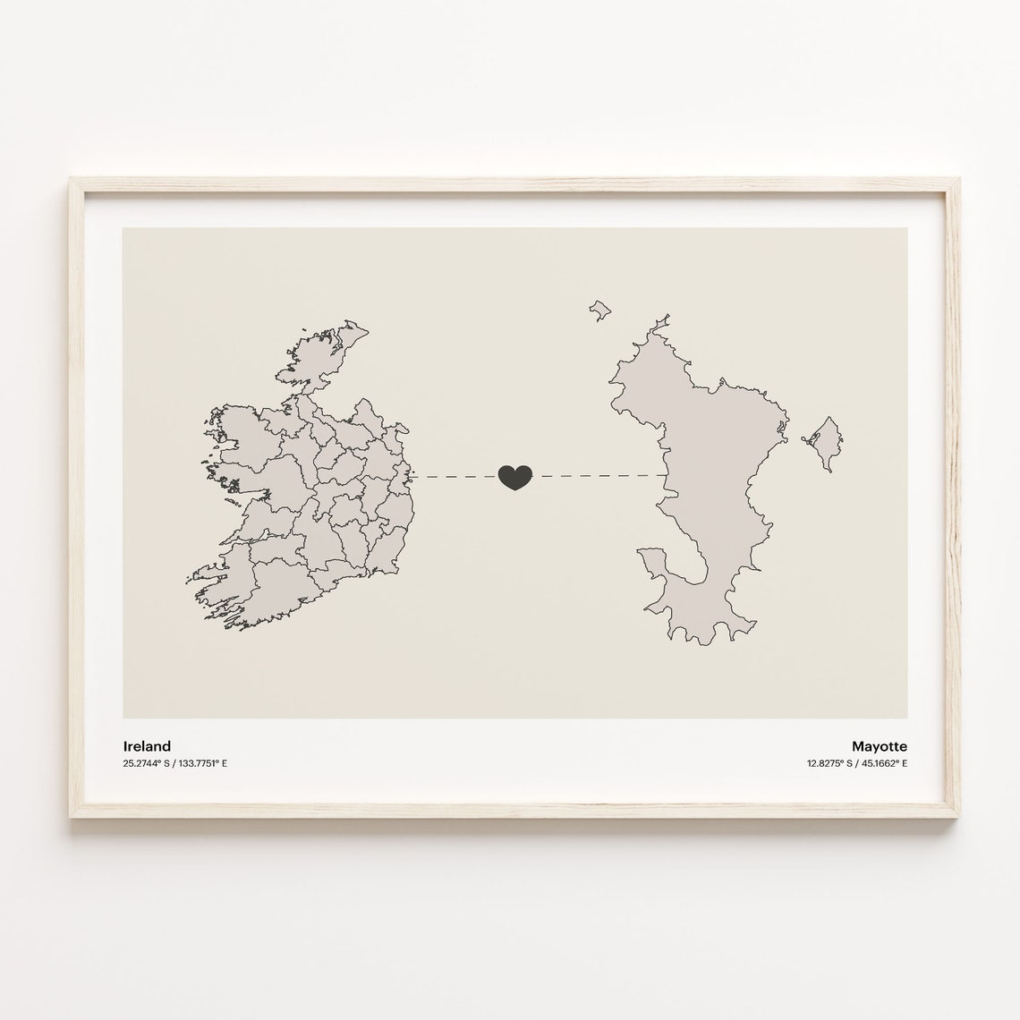 Ireland Mayotte Minimalist Long Distance Love Heart Map Poster