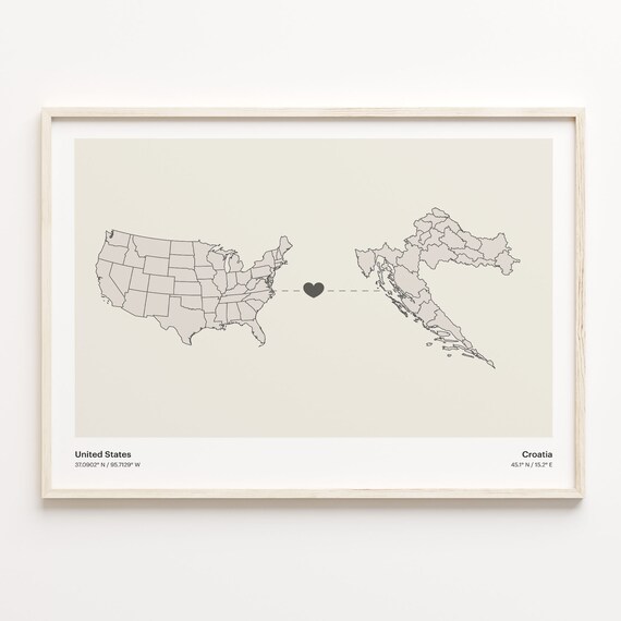 United States To Croatia Long Distance Heart Connection Map Poster