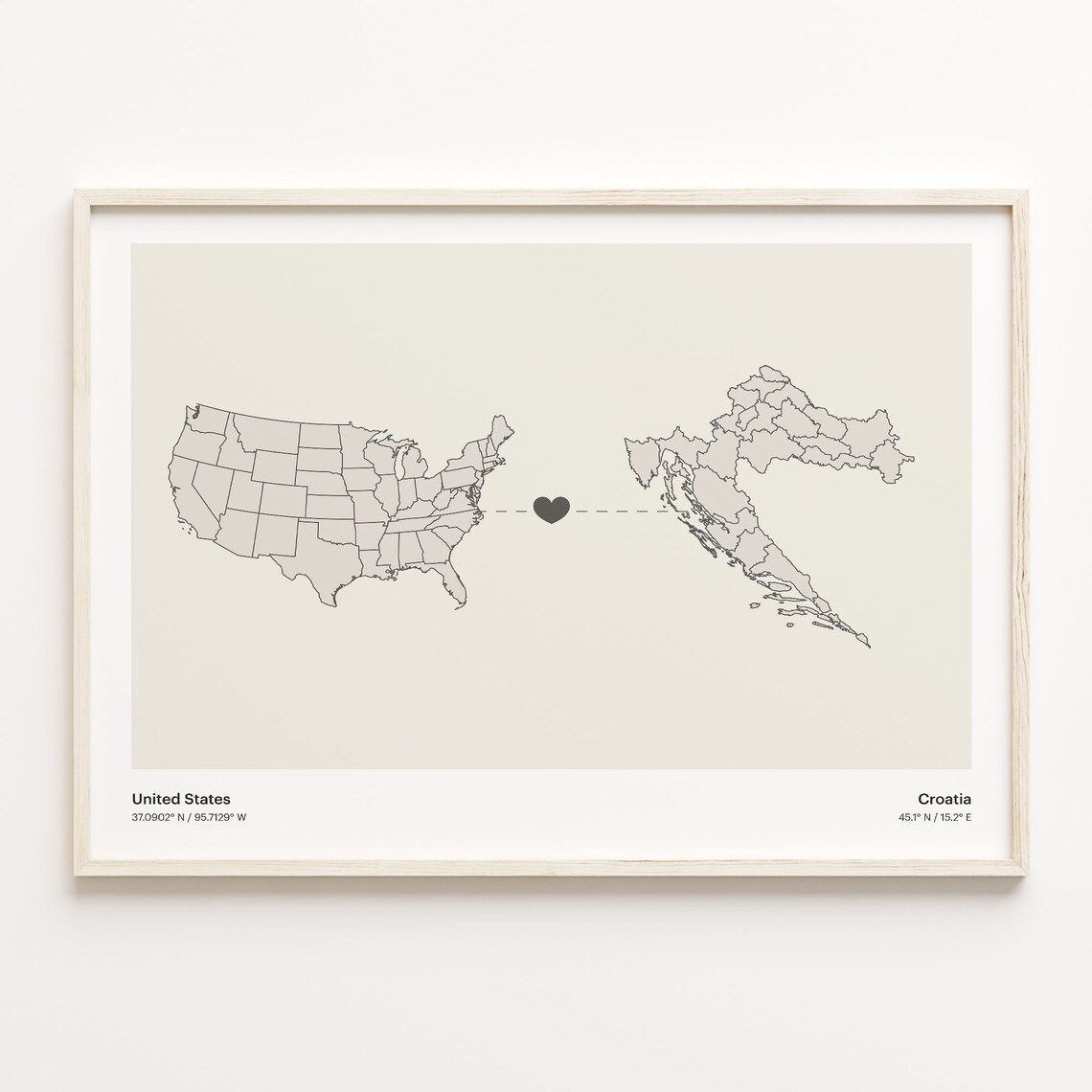 United States To Croatia Long Distance Heart Connection Map Poster