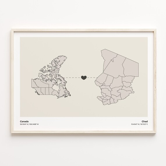 Canada Chad Heart Connection Map Minimalist Long Distance Gift Poster