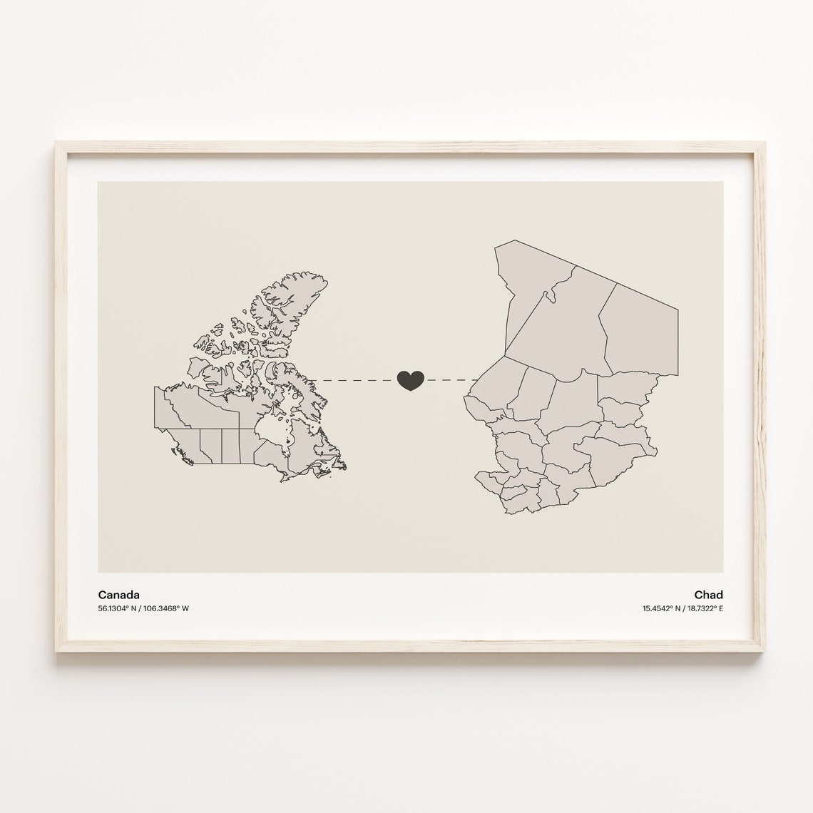 Canada Chad Heart Connection Map Minimalist Long Distance Gift Poster