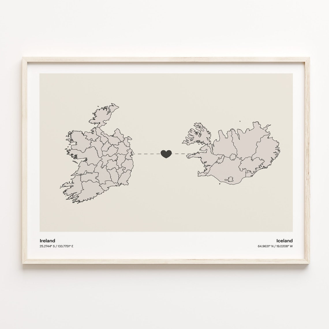 Ireland to Iceland Minimalist Heart Map Art Connection Poster