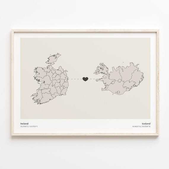 Ireland to Iceland Minimalist Heart Map Art Connection Poster