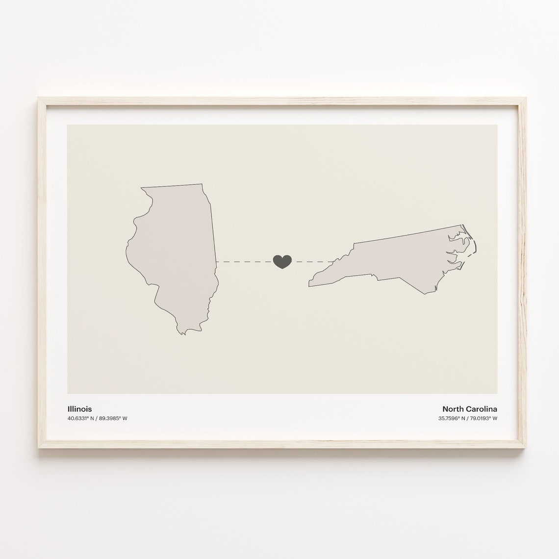 Illinois to North Carolina Minimalist Heart Map Connection Poster