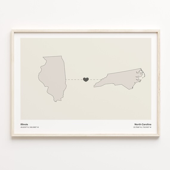 Illinois to North Carolina Minimalist Heart Map Connection Poster