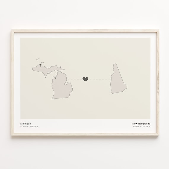 Michigan to New Hampshire Minimalist Long Distance Connection Map Poster