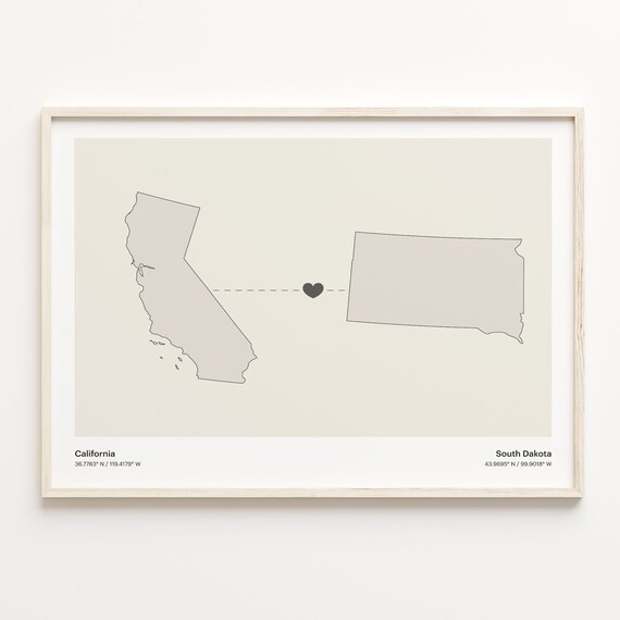 California To South Dakota Minimal Long Distance Love Map Poster