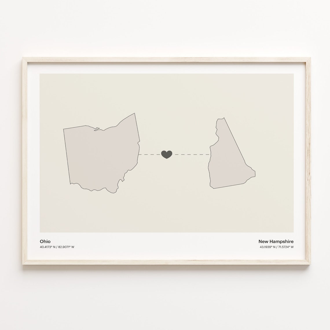 Ohio And New Hampshire Long Distance Love Minimalist Heart Map Poster