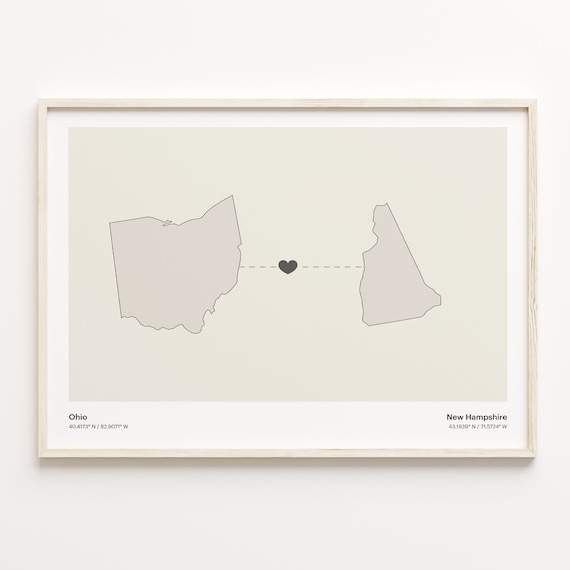 Ohio And New Hampshire Long Distance Love Minimalist Heart Map Poster
