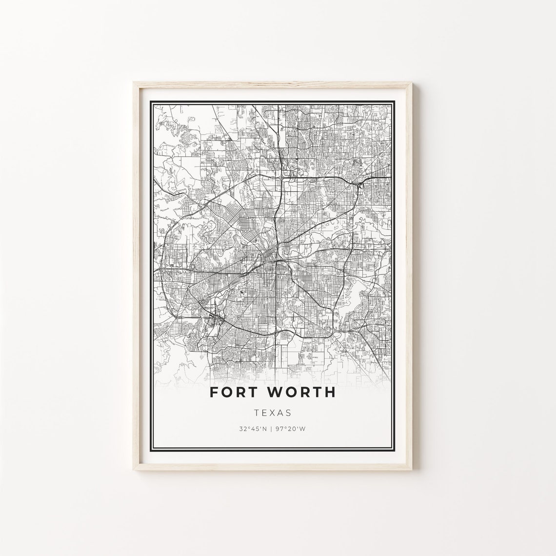 Fort Worth Texas Minimalist Black and White City Map Art Poster