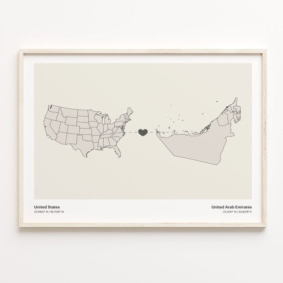 United States to United Arab Emirates Heart Map Long Distance Poster