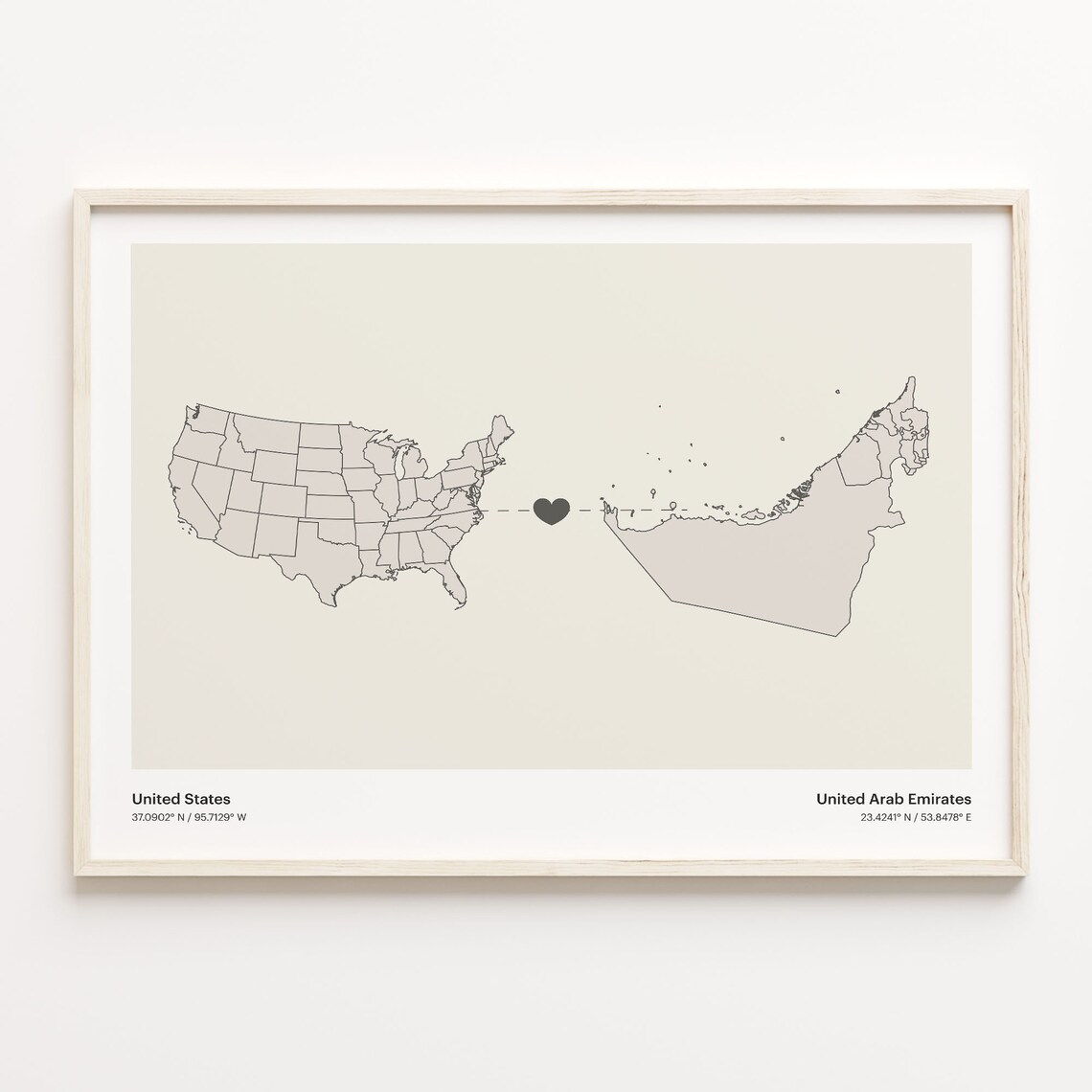 United States to United Arab Emirates Heart Map Long Distance Poster