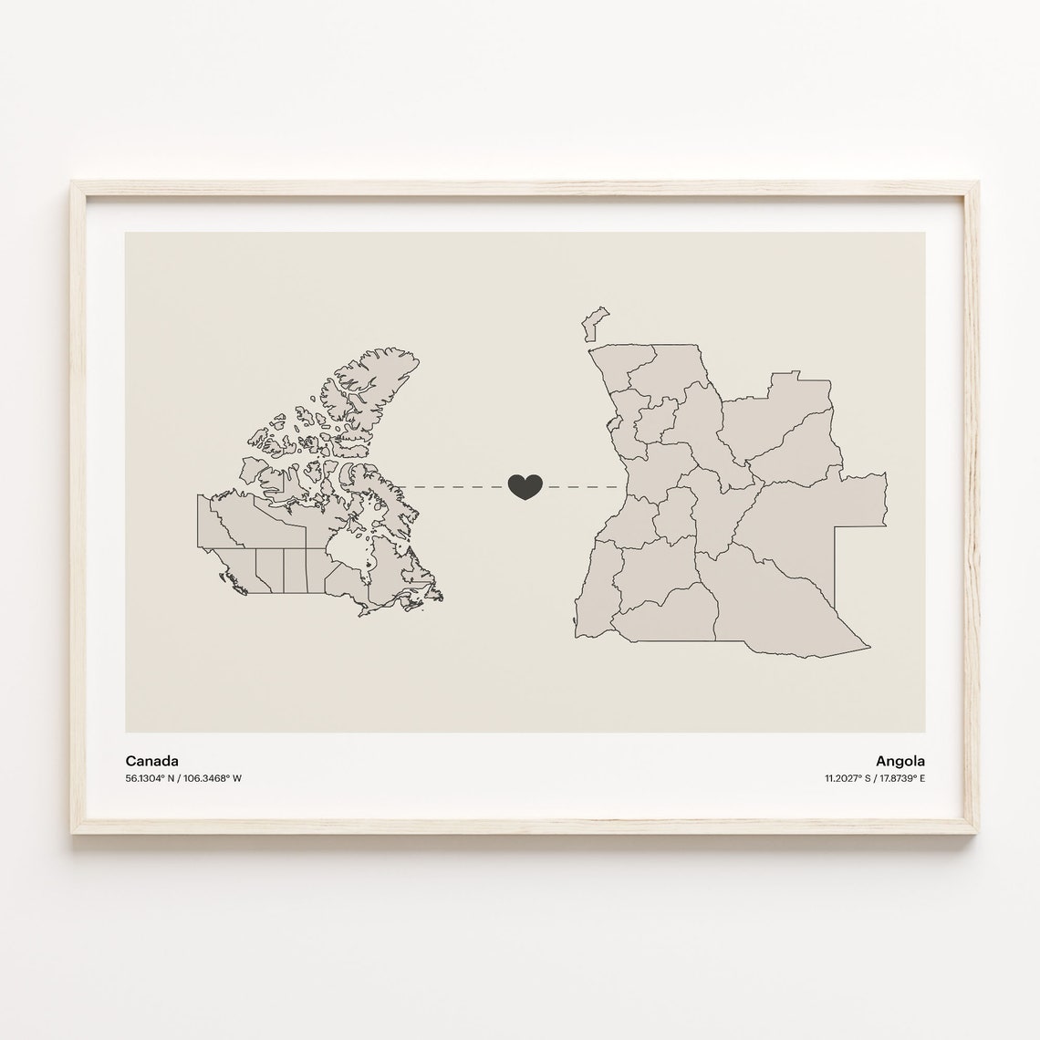 Canada To Angola Long Distance Love Minimalist Map Art Poster