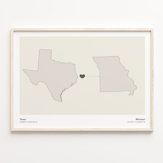 Texas and Missouri Couple Long Distance Love Heart Map Poster
