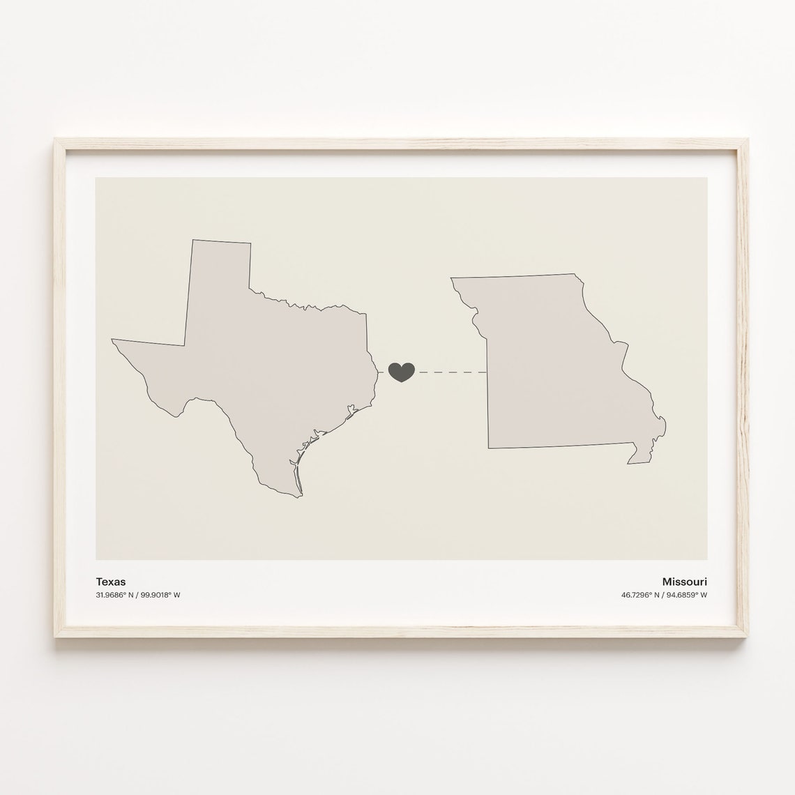 Texas and Missouri Couple Long Distance Love Heart Map Poster