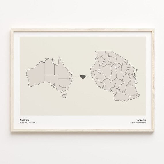 Australia To Tanzania Heart Map Minimalist Country Connection Poster