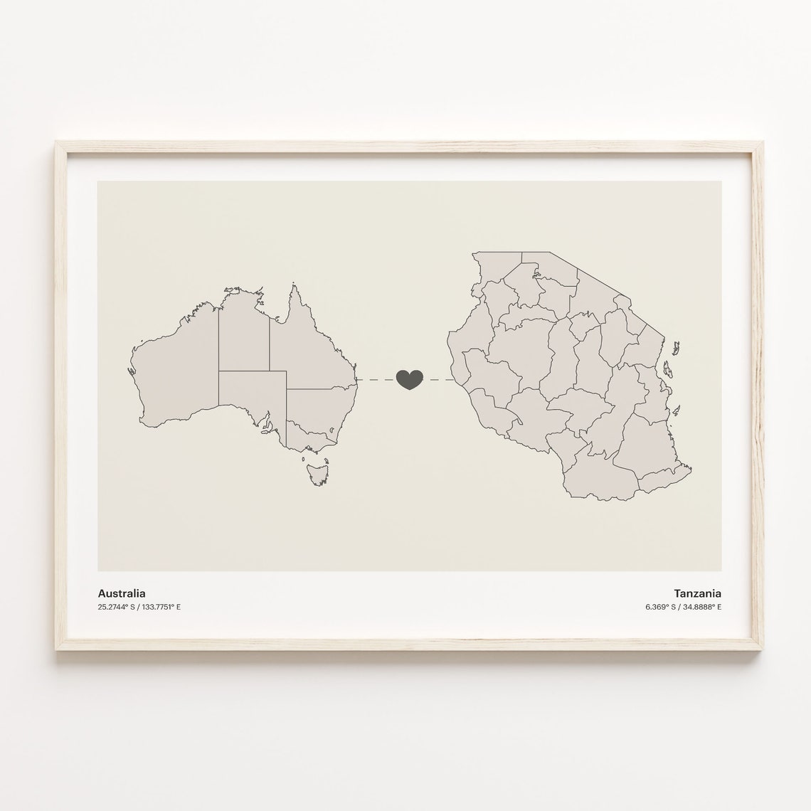 Australia To Tanzania Heart Map Minimalist Country Connection Poster