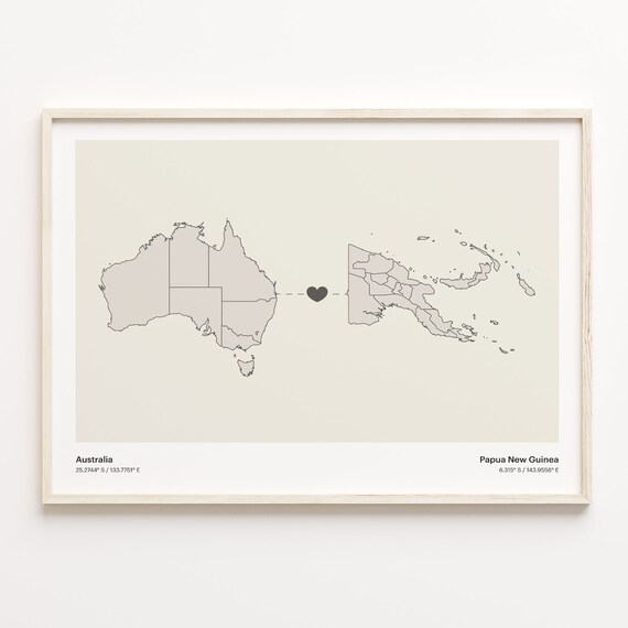 Australia and Papua New Guinea Minimalist Long Distance Heart Map Connection Poster