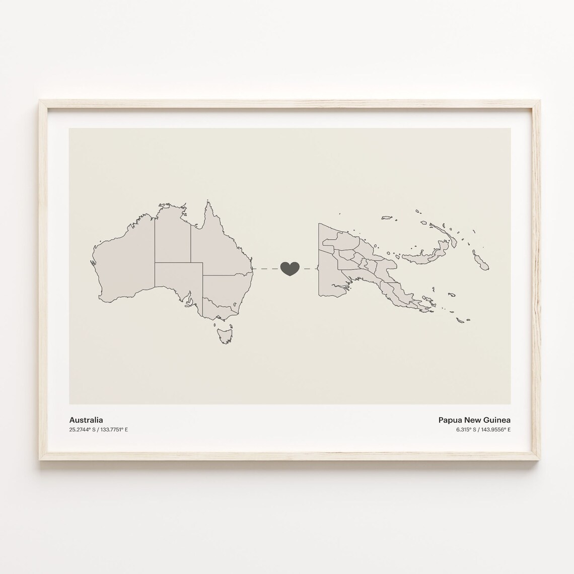 Australia and Papua New Guinea Minimalist Long Distance Heart Map Connection Poster