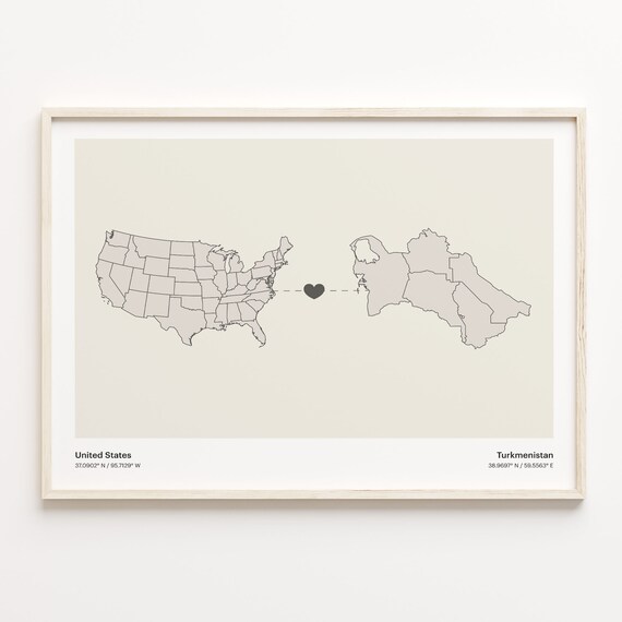 United States to Turkmenistan Heart Connection Long Distance Map Poster