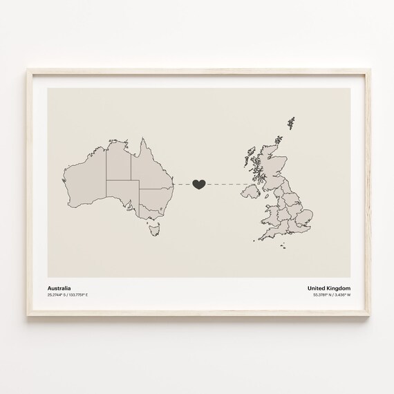 Australia and United Kingdom Long Distance Love Country Map Poster