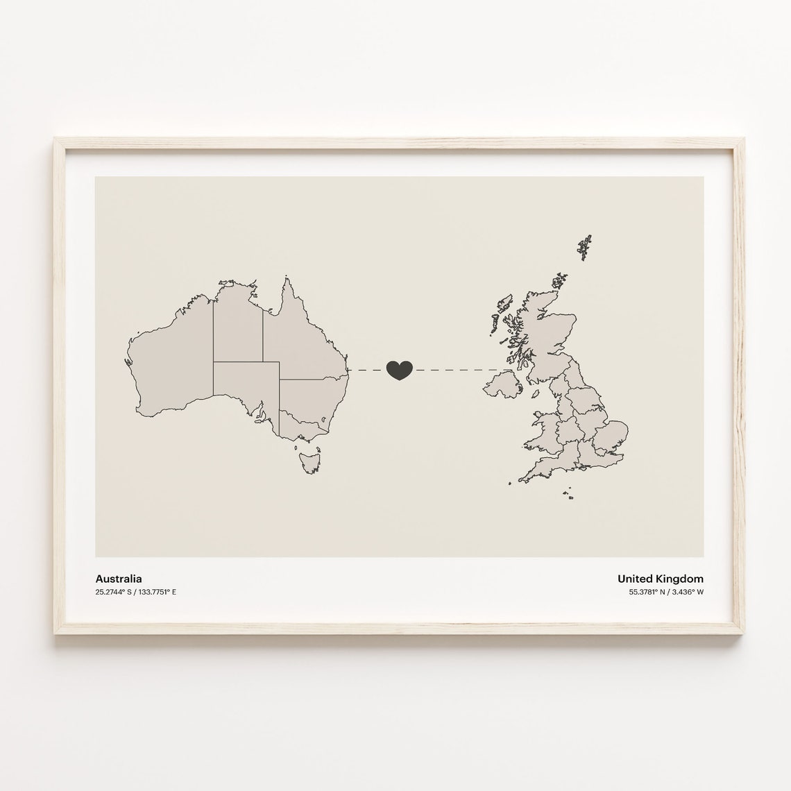 Australia and United Kingdom Long Distance Love Country Map Poster