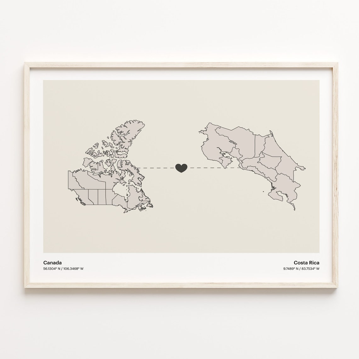 Canada Costa Rica Long Distance Love Heart Minimalist Map Poster