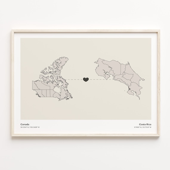 Canada Costa Rica Long Distance Love Heart Minimalist Map Poster