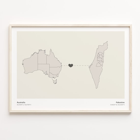 Australia and Palestine Minimalist Long Distance Heart Map Connection Poster