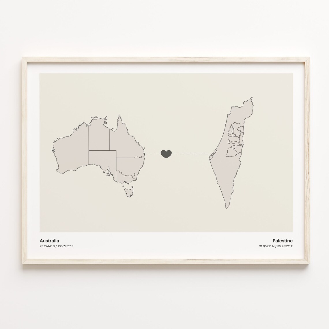 Australia and Palestine Minimalist Long Distance Heart Map Connection Poster