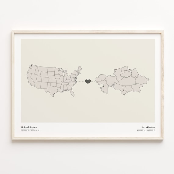 United States to Kazakhstan Modern Minimalist Map Heart Line Art Poster