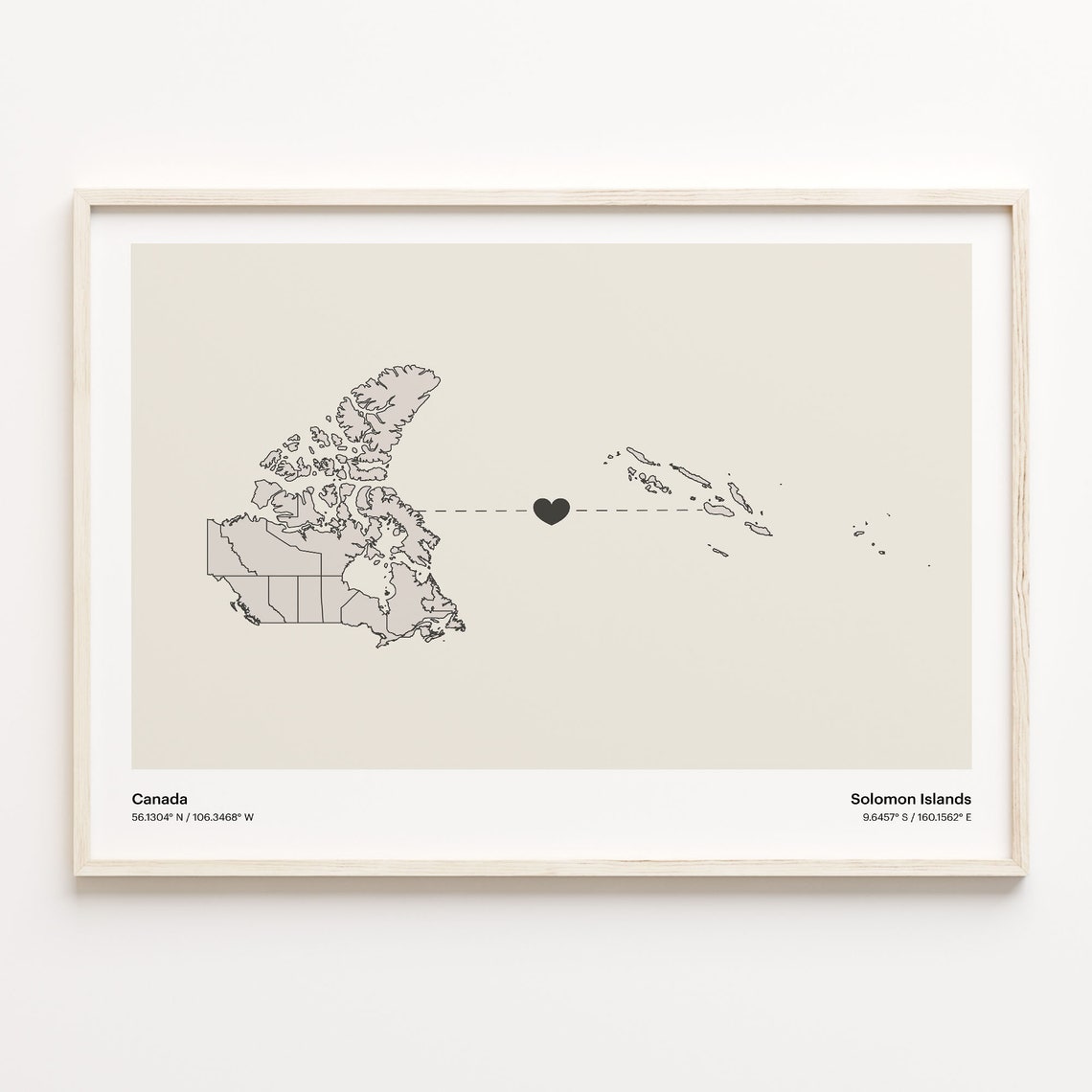 Canada to Solomon Islands Long Distance Heart Connection Map Poster