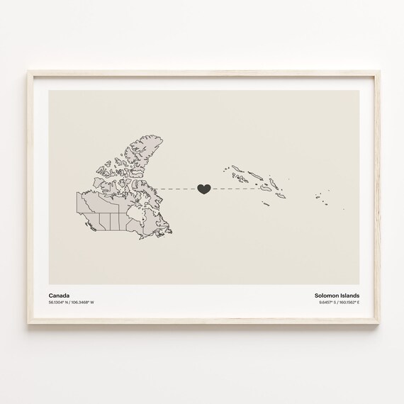 Canada to Solomon Islands Long Distance Heart Connection Map Poster