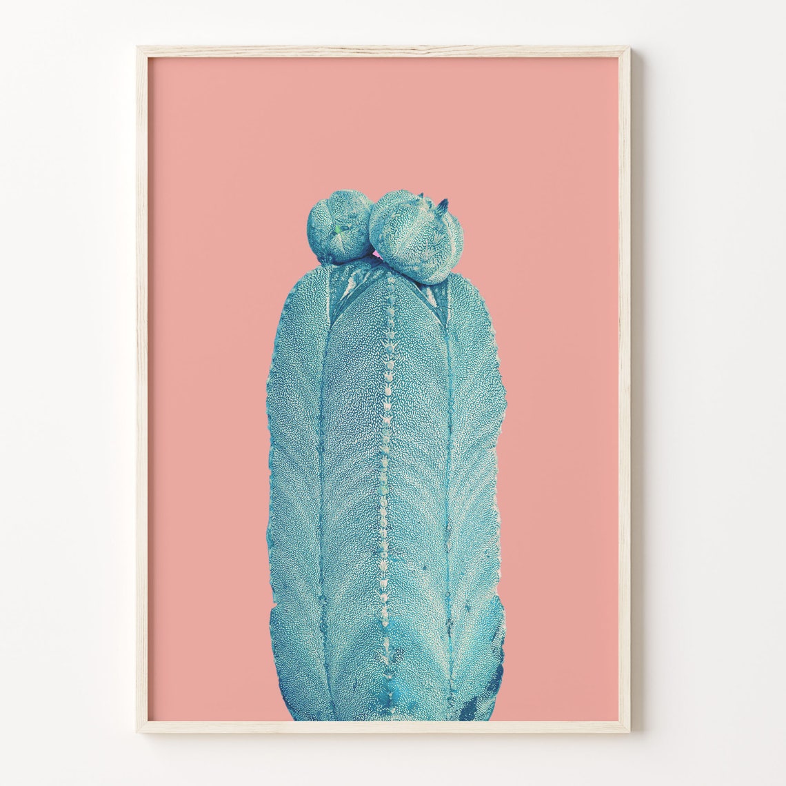 Teal Blue Cactus On Pink Background Pop Art Botanical Wall Art