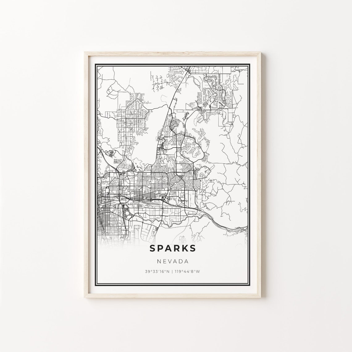 Sparks Nevada Minimalist Black White City Street Map Art Poster