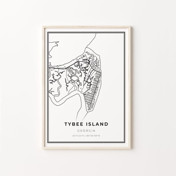 Tybee Island Georgia Modern Minimalist Black White Outline Map Poster