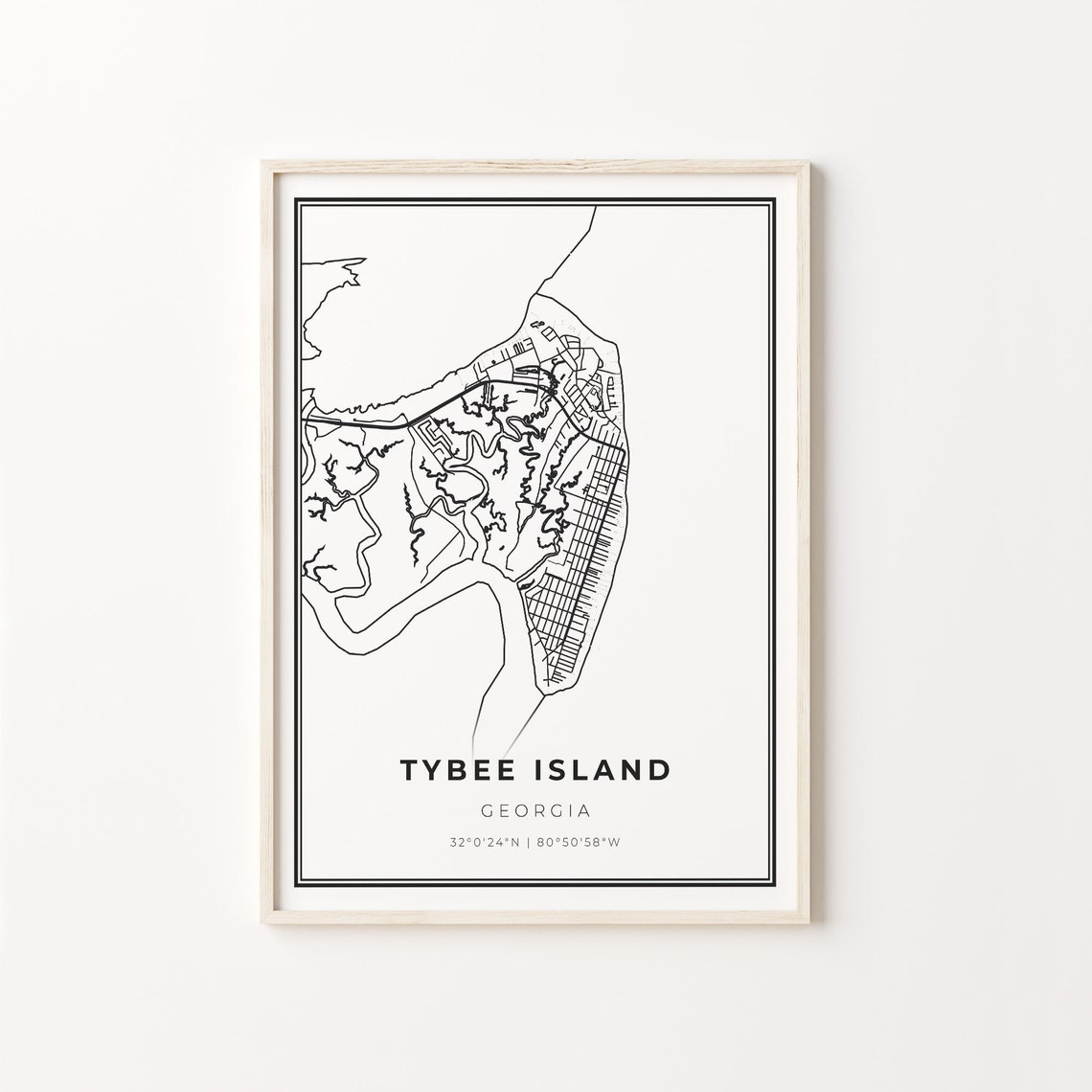 Tybee Island Georgia Modern Minimalist Black White Outline Map Poster