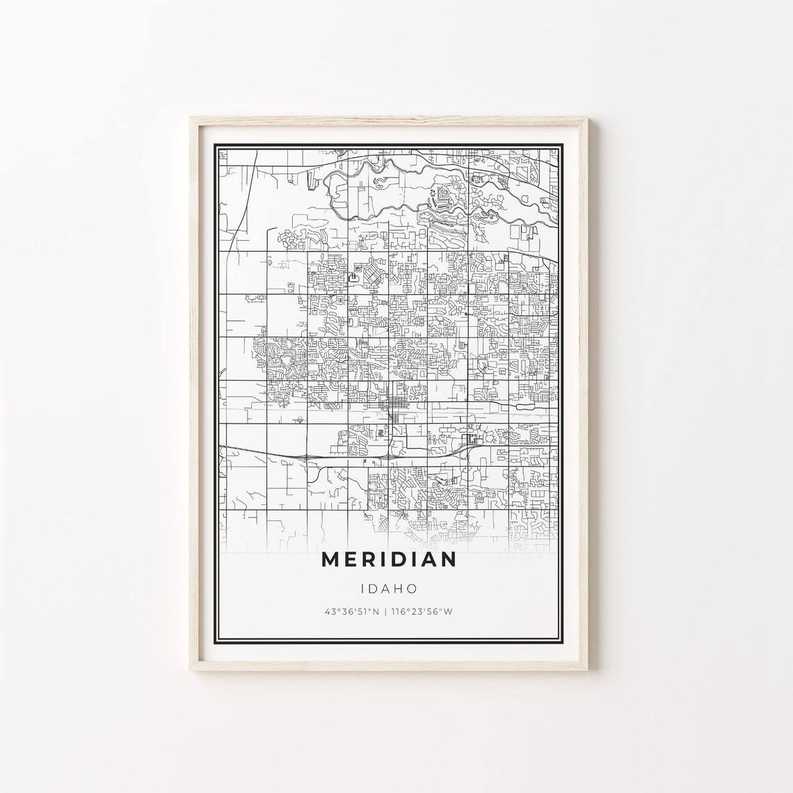 Meridian Idaho Modern Minimalist Black White Street Map Poster