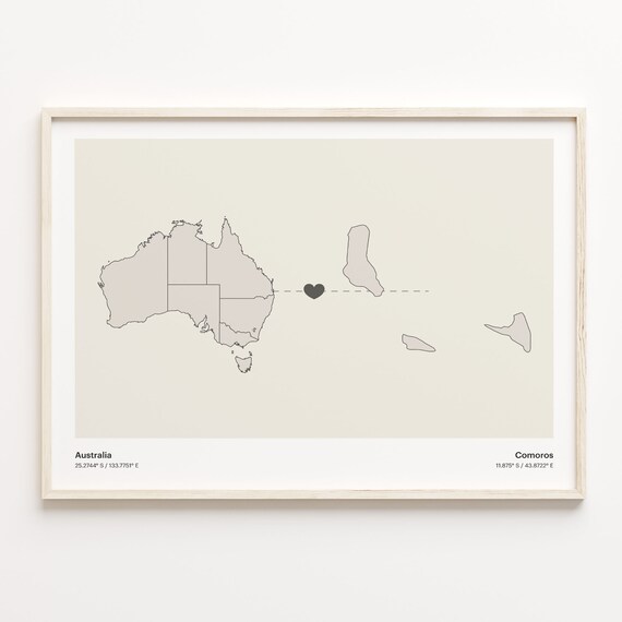Australia to Comoros Minimalist Heart Couple Connection Map Poster